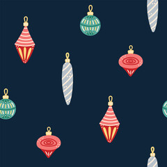 Seamless pattern with glass Christmas tree decorations on dark background. Christmas and New Year. Vector illustration.