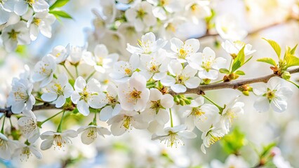 Fototapeta premium Delicate white blossoms emerge on a tree, contrasting beautifully against a pristine white backdrop, showcasing natureâ€™s elegance and the serene beauty of springtime.