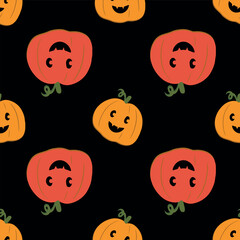 Halloween pumpkins on black background, seamless vector pattern