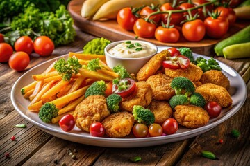 Delicious Chicken Nuggets and French Fries with Fresh Vegetables on a White Plate