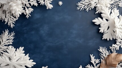 A blue background with white snowflakes and a brown leaf. The snowflakes are arranged in a circle and the leaf is in the center