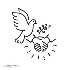 truce icon, peace dove and handshake, reconciliation thin line symbol on white background - editable stroke vector illustration