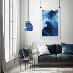Blue poster, white wall, metal hanger, dark couch.