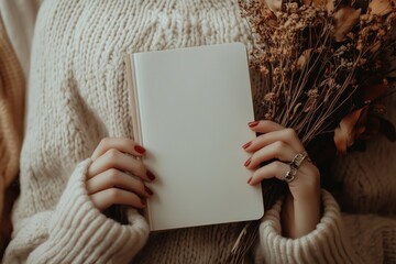 Hands holding a blank notebook with dried flowers in a cozy sweater