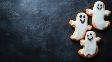 Fun Halloween ghost cookies with simple decorations, placed on a dark, eerie background.