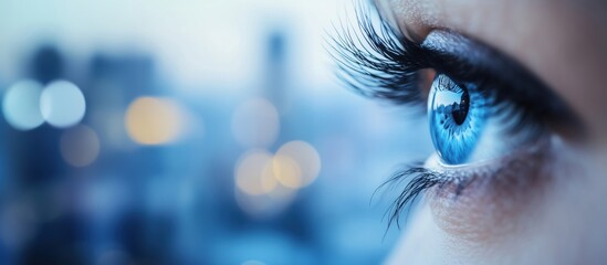 Close-up blue eye with long eyelashes, cityscape reflection, soft bokeh background