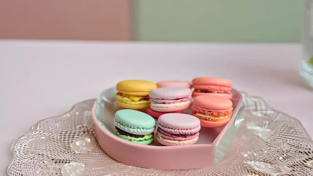 A zoom-in shot of a heart-shaped box of colorful macarons on a delicate lace doily, with a vase of pink roses in the background, illuminated by soft light