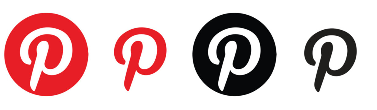 Round Pinterest logos in red, white, and black, showcasing the popular social media platform focused on visual inspiration and creative content sharing