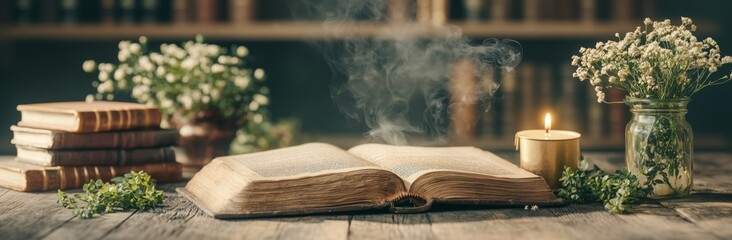 A book is open on a table with a candle and flowers. The candle is lit and the book is open to a page with a flower on it