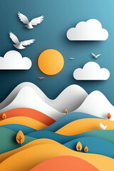 Whimsical landscape with birds and sun a paper-cut art journey through nature's beauty