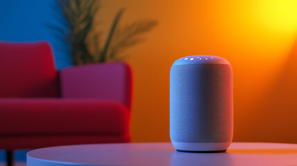 Smart speaker in modern living room with vibrant background lighting for enhanced home experience