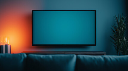 Fototapeta premium Modern living room with minimalist tv setup in ambient lighting for relaxation