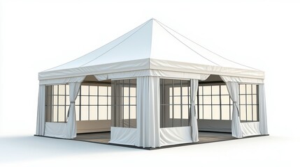 A modern mini gazebo with a white tent and clear windows, suitable for outdoor events and gatherings. Its open design allows for natural light.