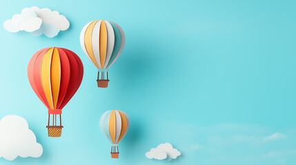 Obraz premium Colorful hot air balloons floating against a bright blue sky with fluffy clouds evoking a sense of adventure and freedom