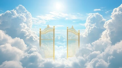 Heavenly gates with golden bars, shining in the sky, floating above soft, fluffy clouds. Dreamlike entrance to paradise, with angelic light surrounding them.