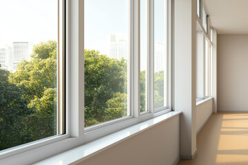 Bright and spacious interior with large windows overlooking lush greenery in an urban setting