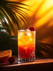 tequila sunrise with orange and cherry garnish