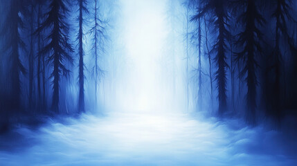 Obraz premium serene and mystical forest scene enveloped in soft blue mist, with tall, dark trees standing majestically. ethereal light creates tranquil atmosphere, inviting exploration