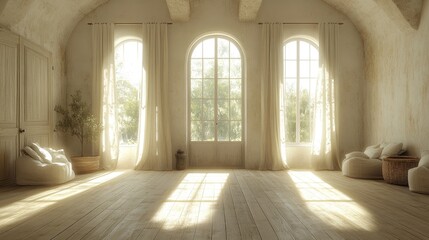 Fototapeta premium Sunlight Streaming Through Arched Windows in a Room with White Walls and Wooden Floor