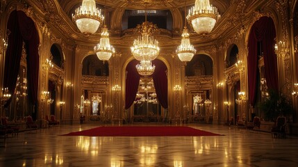 Fototapeta premium Lavish ballroom with grand chandeliers, deep red velvet curtains, and intricately detailed gold-framed mirrors, showcasing opulence and style
