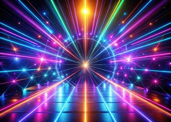 Obraz premium Dynamic 3D visualization featuring abstract neon lights with a vibrant laser display and pulsating ultraviolet energy, creating an immersive and electrifying atmosphere of color and movement.