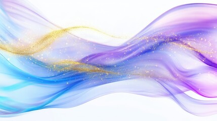 Light blue and purple translucent energy flows with gold accents, sparkles over a white backdrop, fluid lines, harmonious movement, radiant