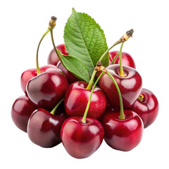 A bunch of red cherries on a leafy branch on transparent background