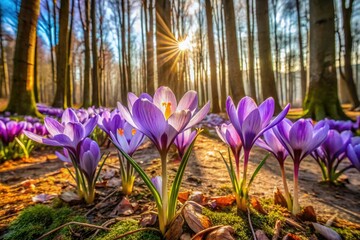 Early Spring Purple Hairy Crocus Bouquet in Forest - Stunning HDR Floral Photography