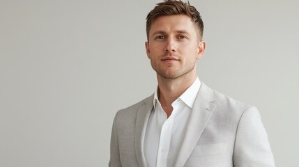 Portrait of a charismatic man in his 30s with short brown hair wearing a light gray suit