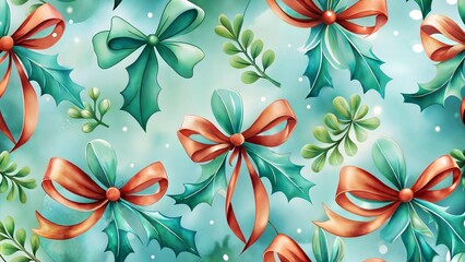  Festive Christmas bows and holly, seamless pattern with red and green accents