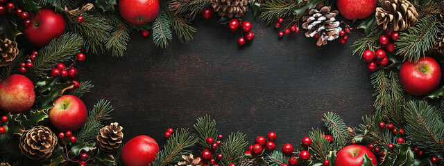 Festive Christmas Frame with Pine Branches, Apples, and Pinecones
