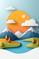 Exploring a vibrant paper-cut landscape with mountains river and sunrise in a playful design style