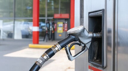 Metal fuel nozzle at filling station macro shot close up of charging arm at outdoor station, cng fuel, gas pump, station refueling