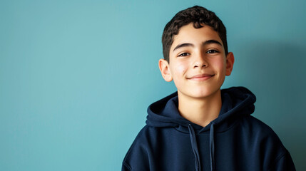Fototapeta premium Smiling Middle Eastern teenager in casual hoodie posing against a blue backdrop