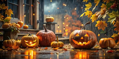 Fototapeta premium Eerie pumpkins glow on a rainy porch, cloaked in swirling autumn leaves, while a gloomy atmosphere deepens the mystery of Halloween's chilling embrace.