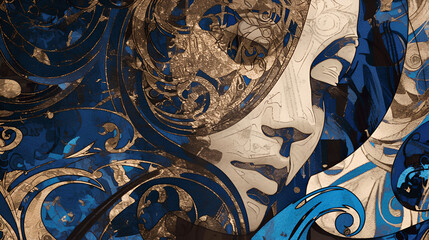 Vintage blue and brown paper with a patterned background of blue and brown, featuring antique details and intricate pattern.