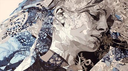 Vintage white paper  with a blue patterned background of blue, featuring antique details and intricate pattern.