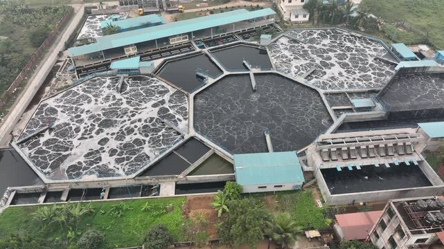 Wastewater Recycling and Treatment Industrial ETP Plant Aerial Footage,Aeration,  Filtration Effluent Treatment Process