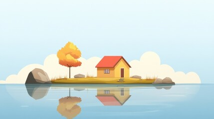 Naklejka premium Minimalist illustration of a small house on a tiny island, surrounded by a clear lake. Warm colors create a homely feeling with copy space available.