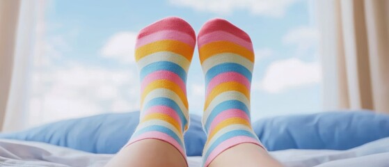 Colorful striped socks on feet, relaxing indoors with a view of blue sky through a window.