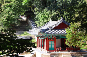 Ancient pavilion in Secret garden Huwon, Changdeokgung Palace complex, Seoul, South Korea. Beautiful landscape with colourful pavilion in Changdeokgung Palace