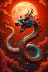 Obraz premium Vibrant dragon soaring under full moon amidst fiery red clouds
