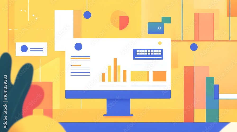Poster modern business data analysis on computer screen with charts and graphs