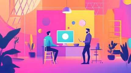 Two Businessmen Working Together in Modern Office with Colorful Walls