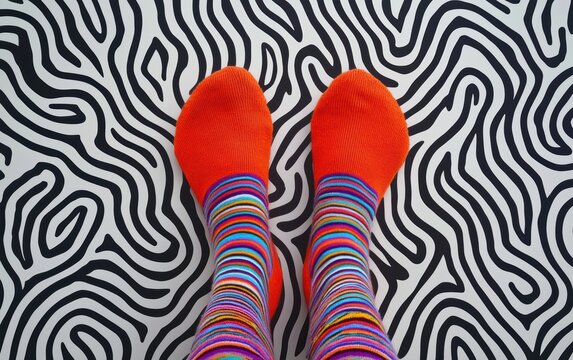 Colorful striped socks worn with bright orange shoes against a bold zebra-print background.