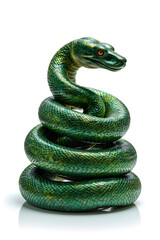 Fototapeta premium Coiled green snake with glossy scales and intense gaze against white background