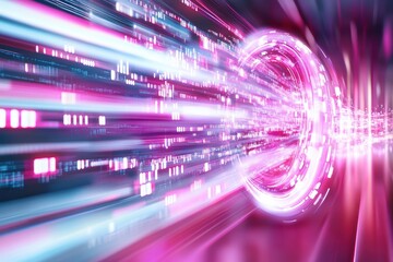 Dynamic energy swirl with vibrant hues of pink and blue, representing speed and motion in a futuristic digital environment.