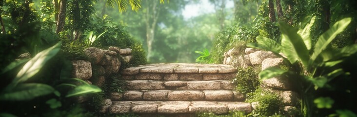 Fototapeta premium A stone staircase in a jungle. The steps are made of stone and are surrounded by green plants