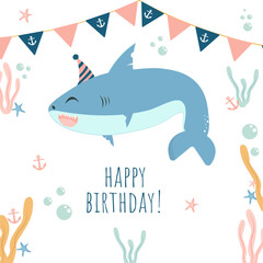 Cute shark birthday card. Kids birthday