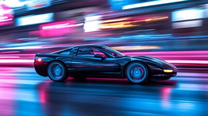 Obraz premium Black Sports Car Speeding Through Neon Cityscape